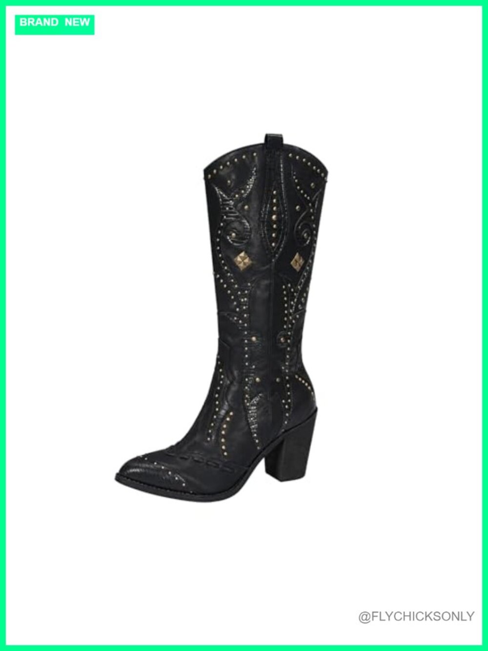 Western Cowgirl Boots Leather Pointed Toe Studded Chunky Heel Knee-High